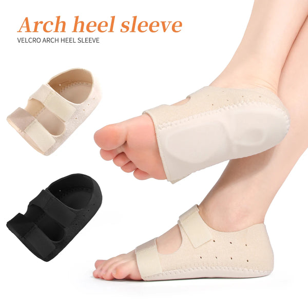 A beige velcro arch heel sleeve is shown on a foot, demonstrating its use for pain relief.
