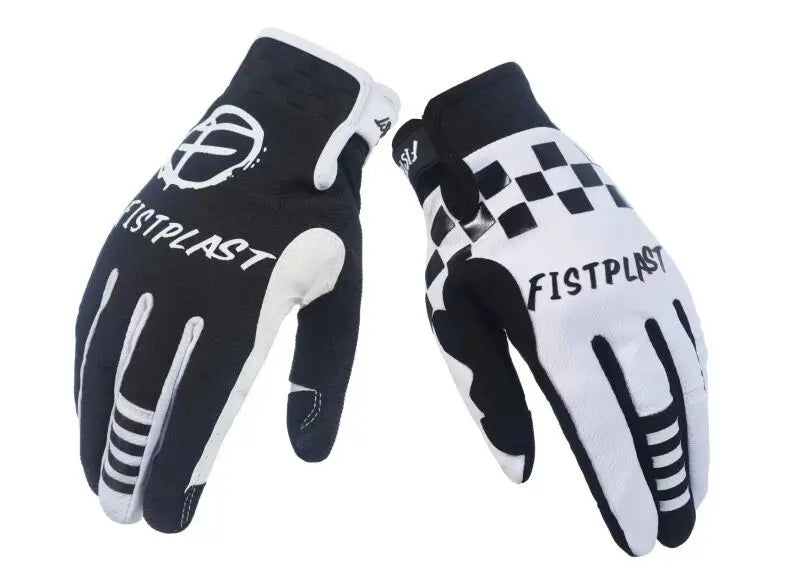 Gants de motocross noir et blanc avec la marque Fistplast visible sur la paume.