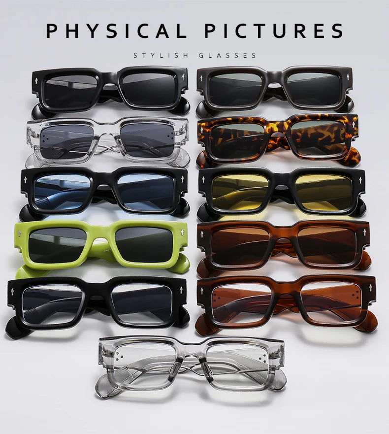 A collection of physical pictures showing various styles of stylish glasses and sunglasses.