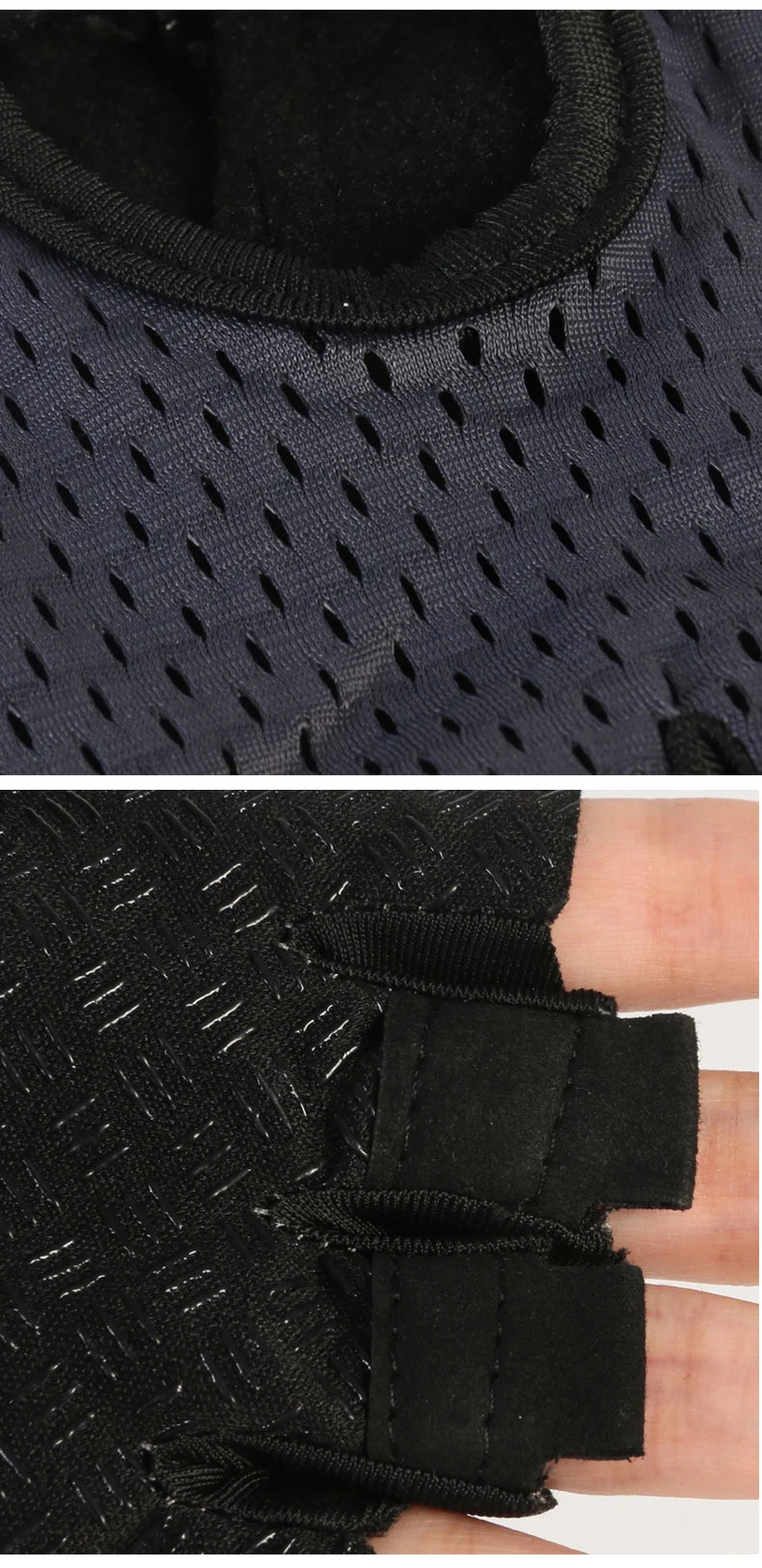 Gants de cyclisme et de fitness noirs respirants, montrant la texture du tissu maillé au poignet.