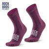 A pair of purple compression socks for cycling or mountain biking, featuring the Rock Bros logo.