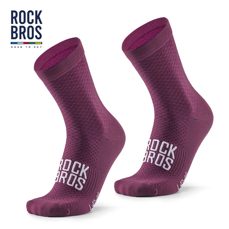 A pair of purple compression socks for cycling or mountain biking, featuring the Rock Bros logo.