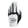 A close-up view of a white and black men's golf glove with an PGM logo on the palm.