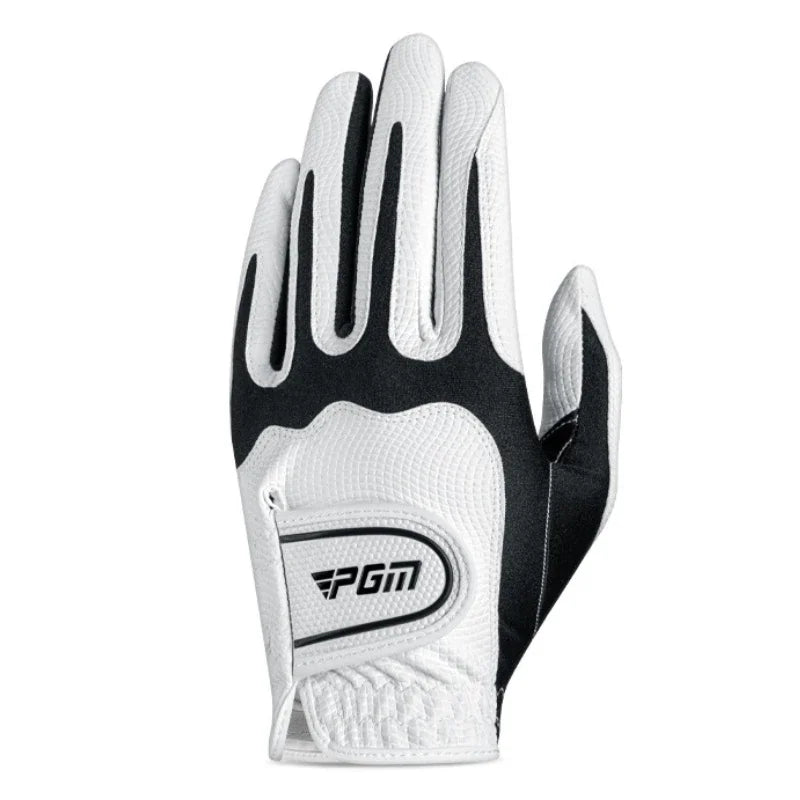 A close-up view of a white and black men's golf glove with an PGM logo on the palm.