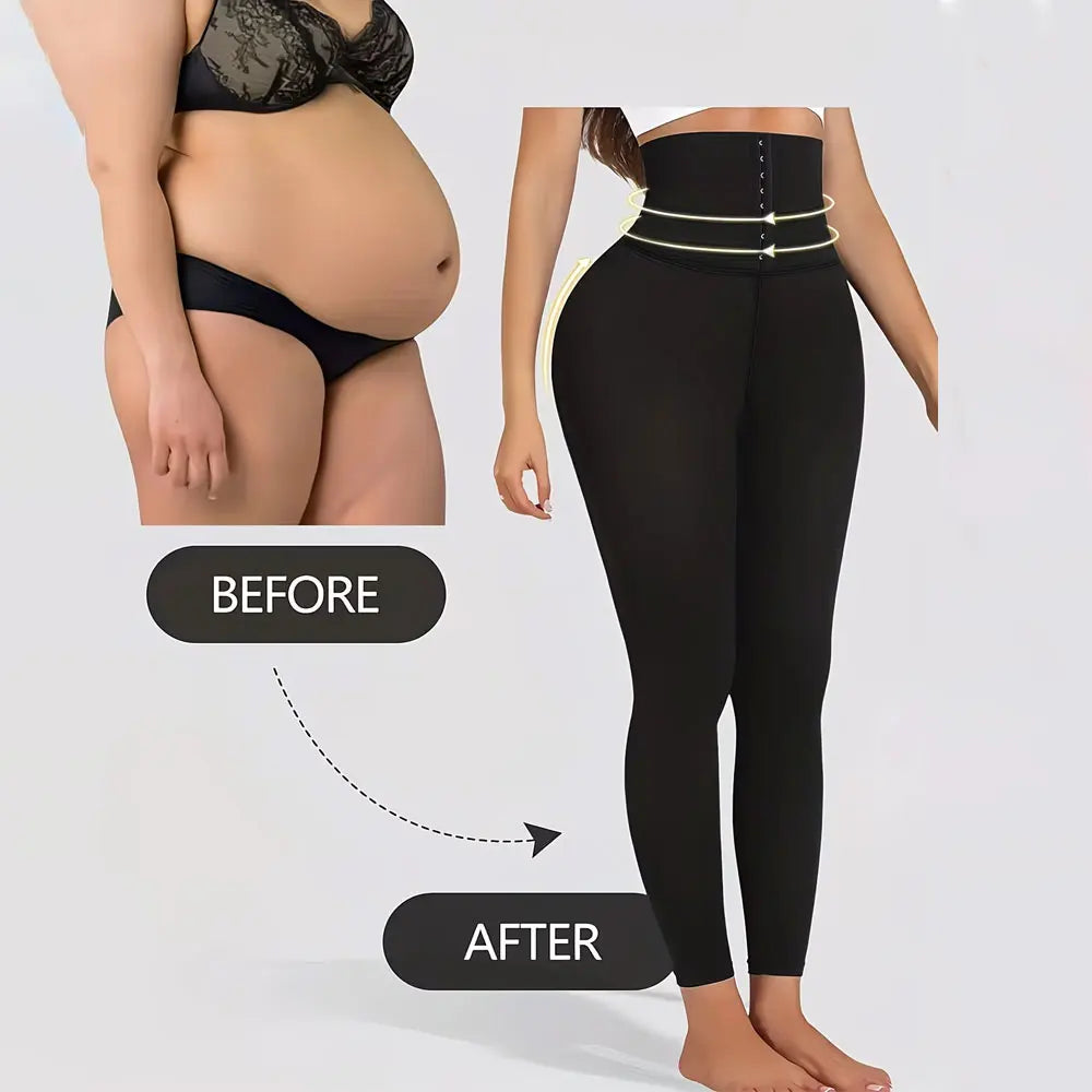 Before and after comparison showing high waisted shaping leggings for tummy and butt definition
