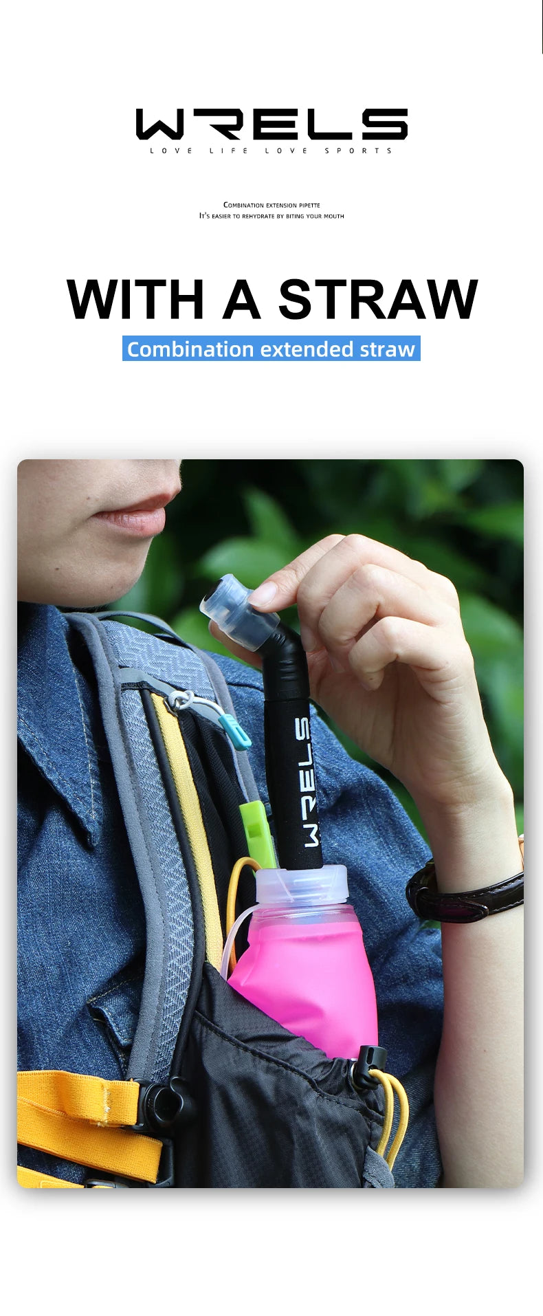 A hand is shown holding a black straw accessory attached to a pink water bottle inside a dark blue backpack.