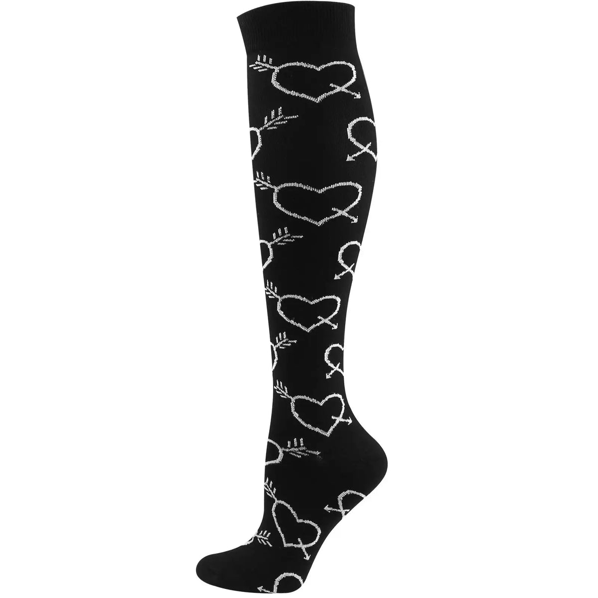 Black medical grade compression socks with white embroidered leaf patterns