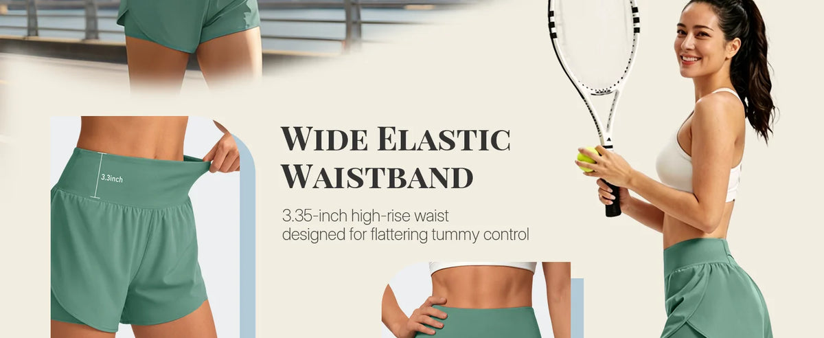 Eine Frau demonstriert athletische Shorts mit breitem elastischem Bund in Salbeigrün.