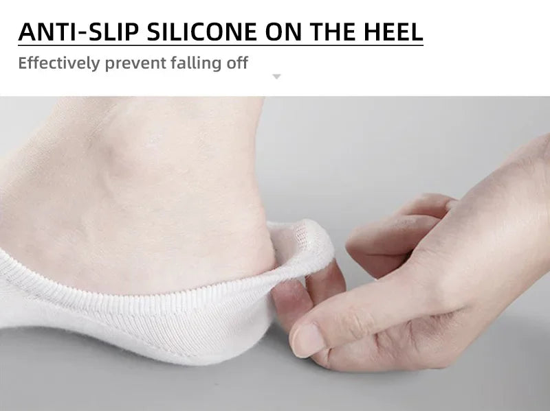 A close-up of a foot wearing white silicone anti-slip socks, demonstrating the grip on the heel area.