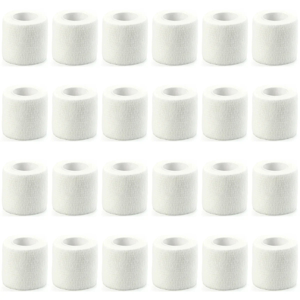 A row of white, rolled self-adhesive sports bandages.