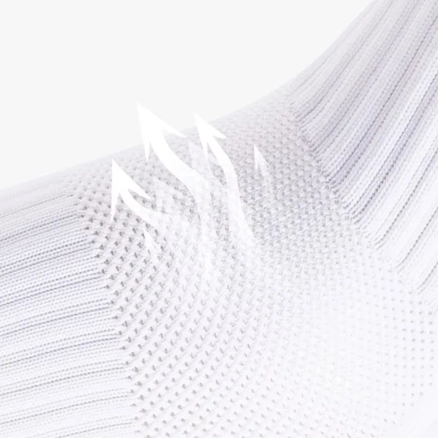 Close-up of white men's athletic soccer socks with a textured, ribbed pattern.