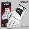 A white PGA golf glove is shown against a gray background, highlighting its design and branding.