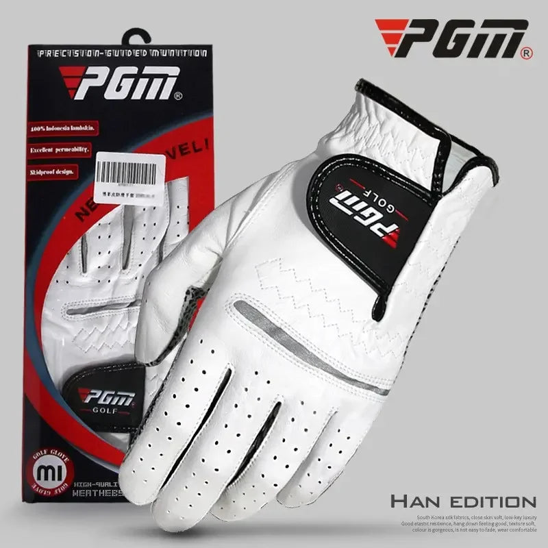 A white PGA golf glove is shown against a gray background, highlighting its design and branding.