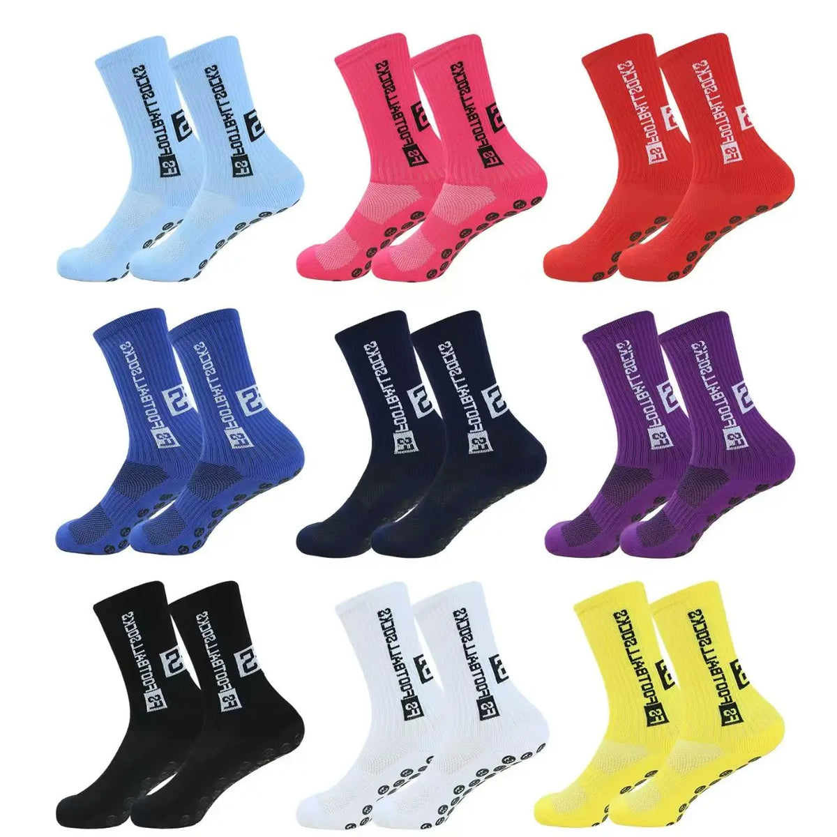 A collection of anti-slip silicone grip football socks in various colors including blue, pink, red, and purple.