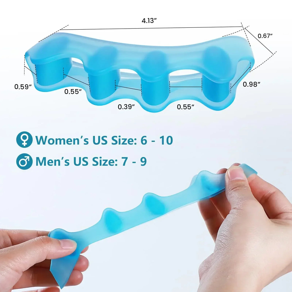 A hand holds a light blue silicone toe separator and foot straightener, showing its shape and size.