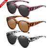 Three pairs of sunglasses in leopard print, tortoiseshell pattern, and black and white patterns.
