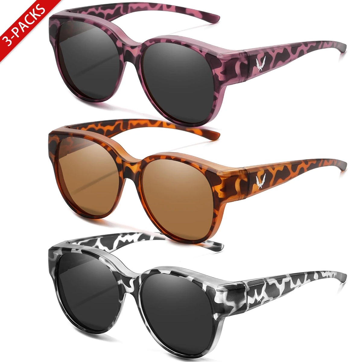Three pairs of sunglasses in leopard print, tortoiseshell pattern, and black and white patterns.