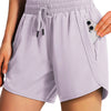 Light purple women's quick-dry sports running shorts with an adjustable drawstring waist