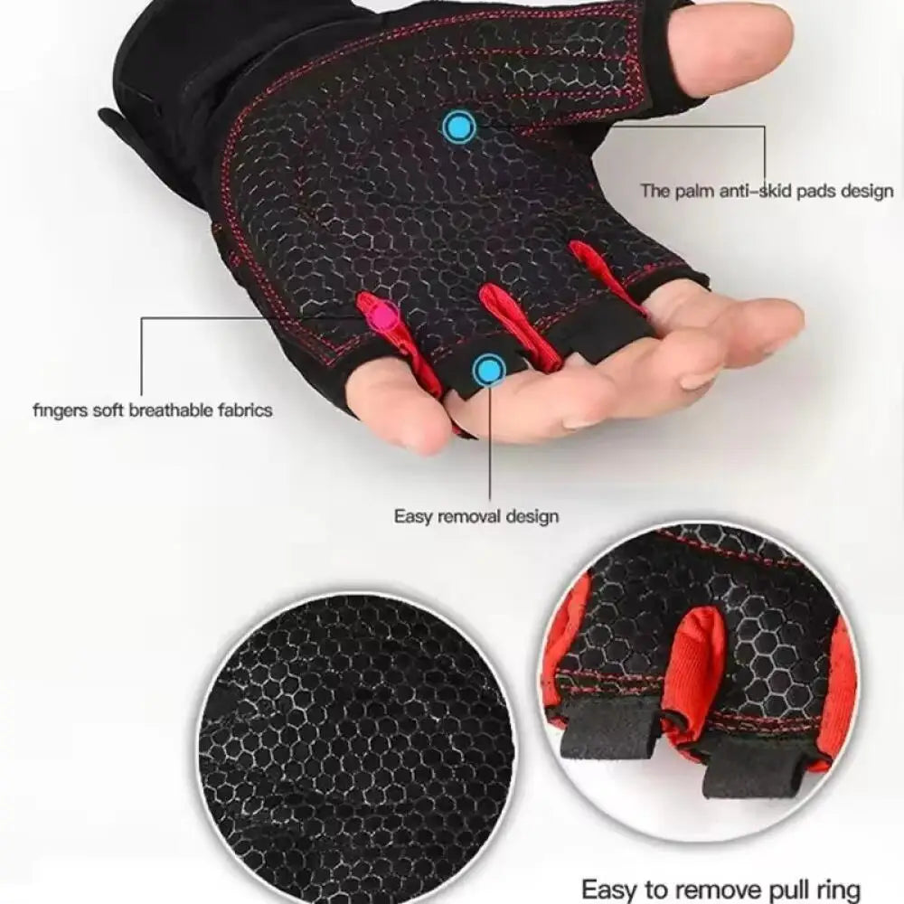 Black half finger wrist guards with anti-skid pads and easy removal design shown on a hand.
