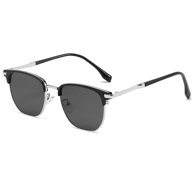 Classic square sunglasses with a black lens and silver metal frame