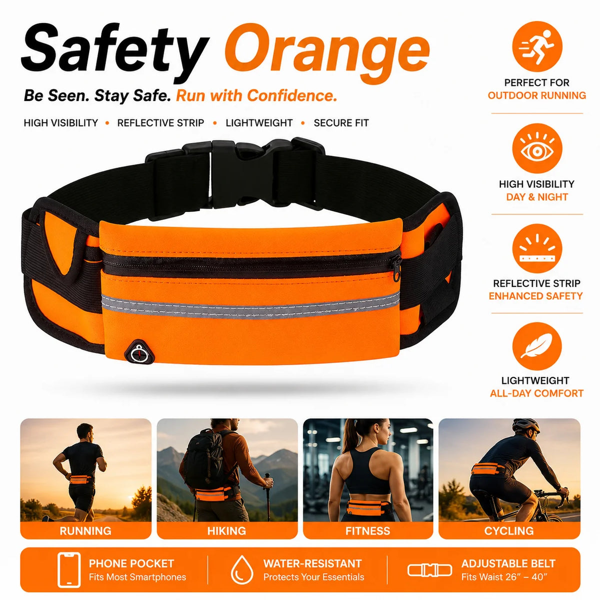 Safety Orange wristband and waist pack designed for outdoor running, hiking, fitness, and cycling.