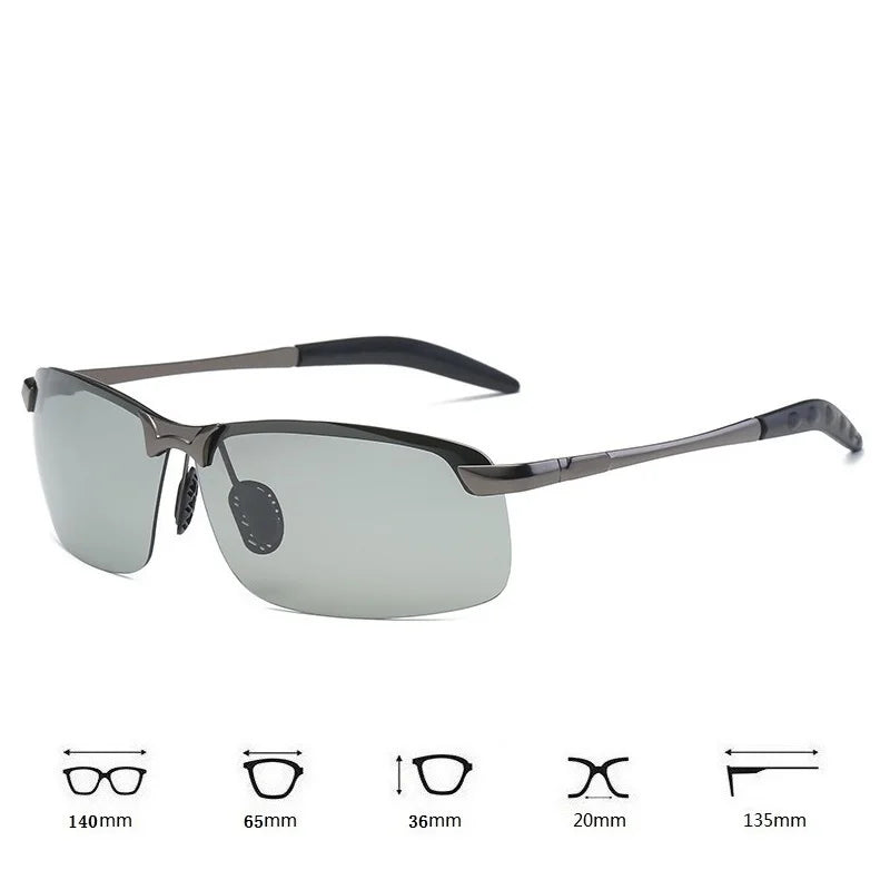 Un par de gafas de sol polarizadas foto-cromáticas grises con varias medidas.