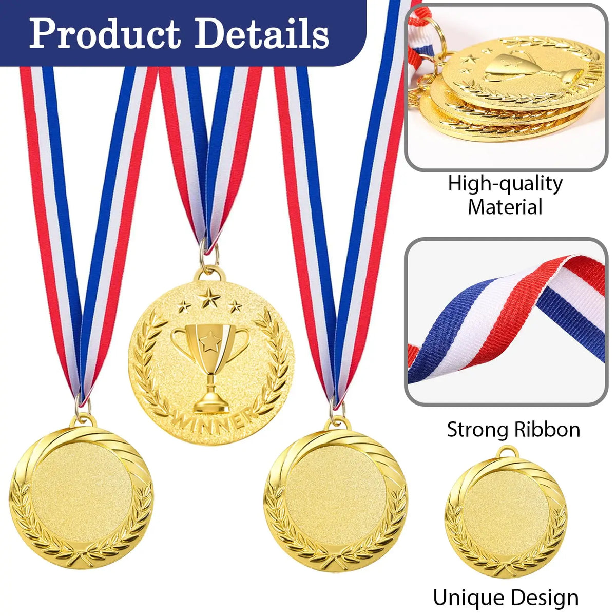 Set of gold award medals with red, white, and blue ribbons and a unique design