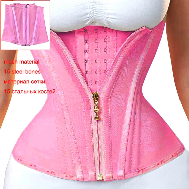 Pink mesh and steel bone waist trainer corset body shaper worn on a torso.