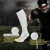 A close-up of ankle padded socks worn by a football player, highlighting the protection and premium material.