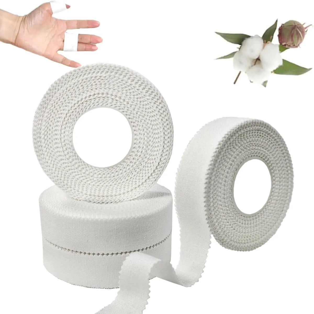 Rolls of white athletic finger tape and a hand demonstrating its use.