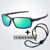 Black and green polarized sports sunglasses with a black strap shown against a white background.