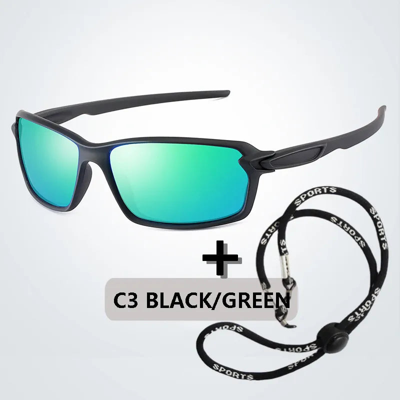 Black and green polarized sports sunglasses with a black strap shown against a white background.