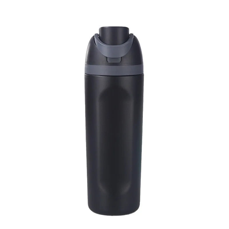 A black stainless steel insulated fitness cup with a gray lid and straw.