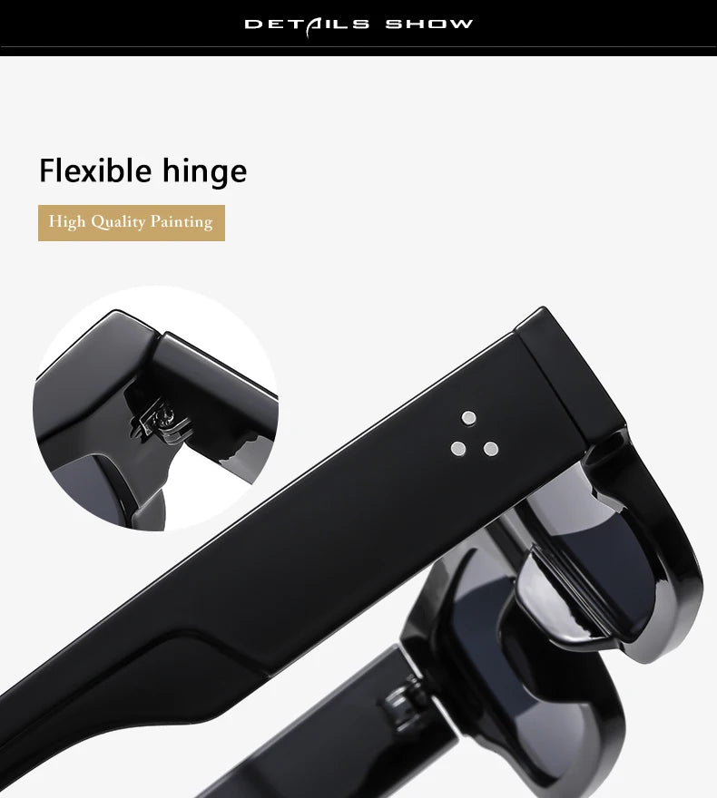 Close-up view of a black men's rivet anti-light sunglasses showing the flexible hinge mechanism.