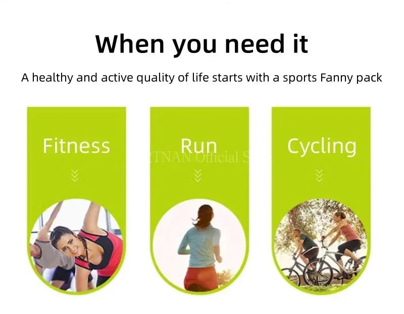 A healthy and active quality of life starts with a sports Fanny pack featuring fitness, run, and cycling activities.
