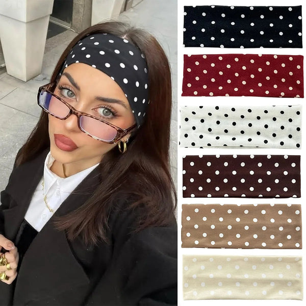 A woman models various polka dot fabric hairbands in black, red, white, brown, and beige.