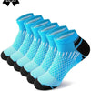 Six pairs of light blue athletic knit ankle socks displayed in a row.