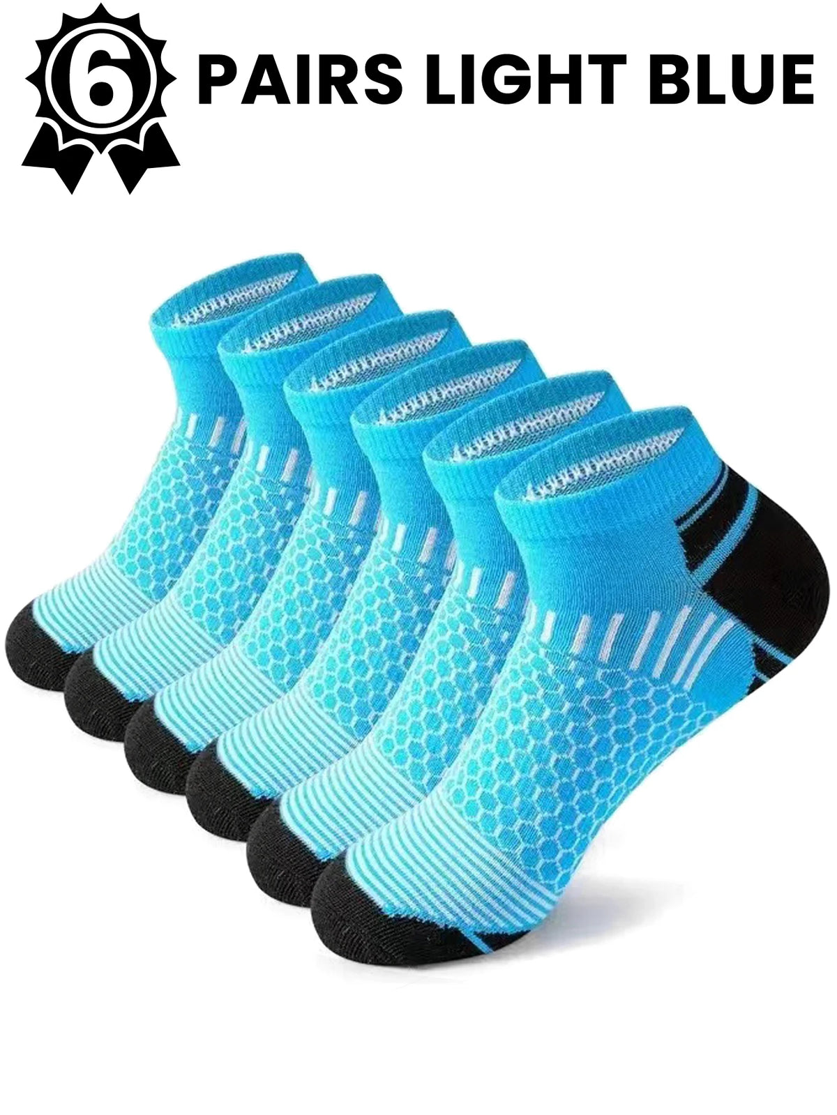 Six pairs of light blue athletic knit ankle socks displayed in a row.