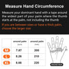 A chart showing hand circumference measurements for sizes M, L, and XL with corresponding inch and millimeter values.