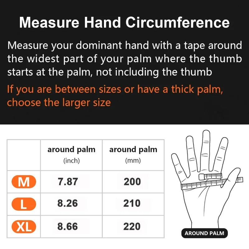 A chart showing hand circumference measurements for sizes M, L, and XL with corresponding inch and millimeter values.