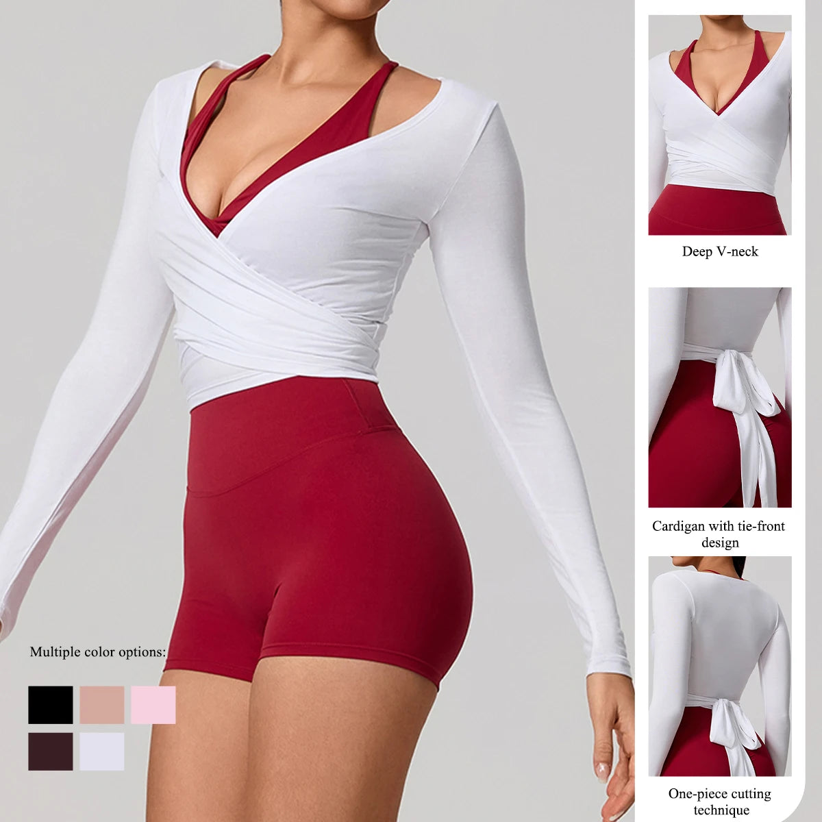 A woman models a white long sleeve top and red shorts, showcasing various color options and a tie-front design.