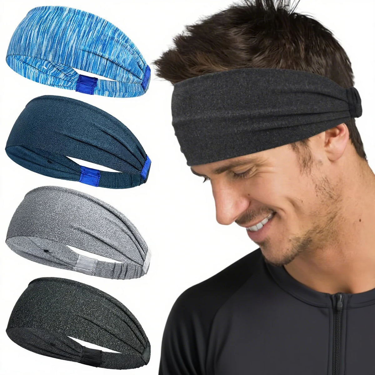 Un homme portant un bandeau de sport noir élastique, avec diverses options bleues et grises affichées à proximité.