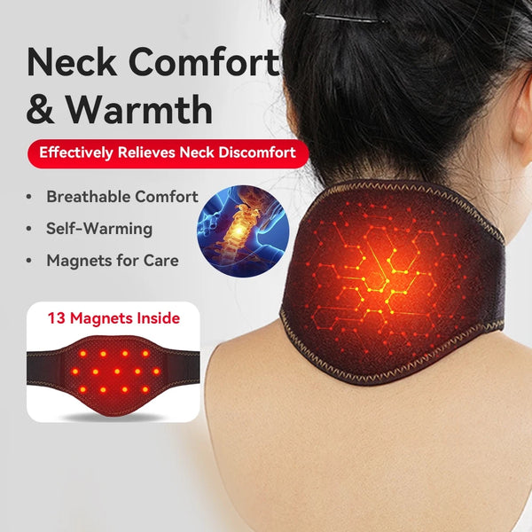 A person is wearing a red self-heating neck support brace on their neck, demonstrating its use for comfort and warmth.