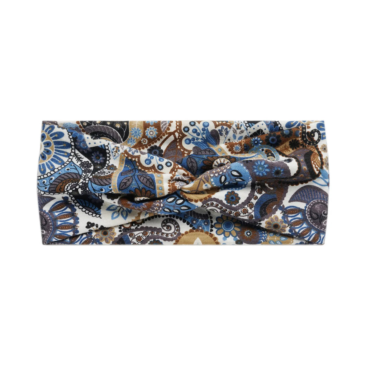 A close-up of a bohemian vintage print fabric featuring blue, brown, and cream patterns.