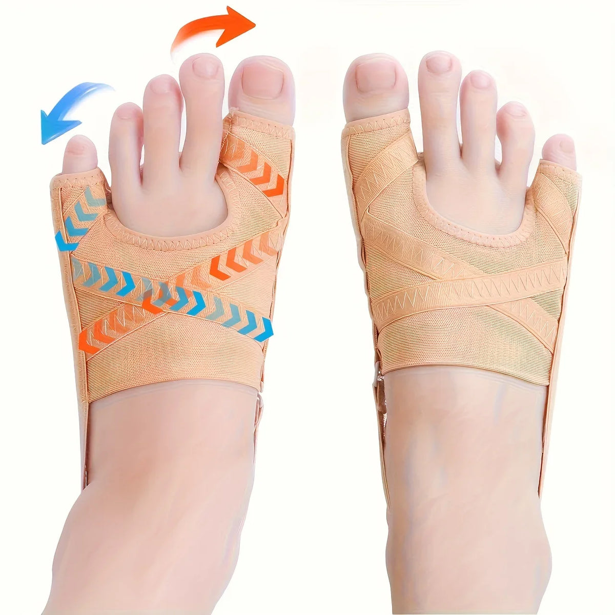 An adjustable toe separator in beige fabric is shown being applied to a foot and ankle.