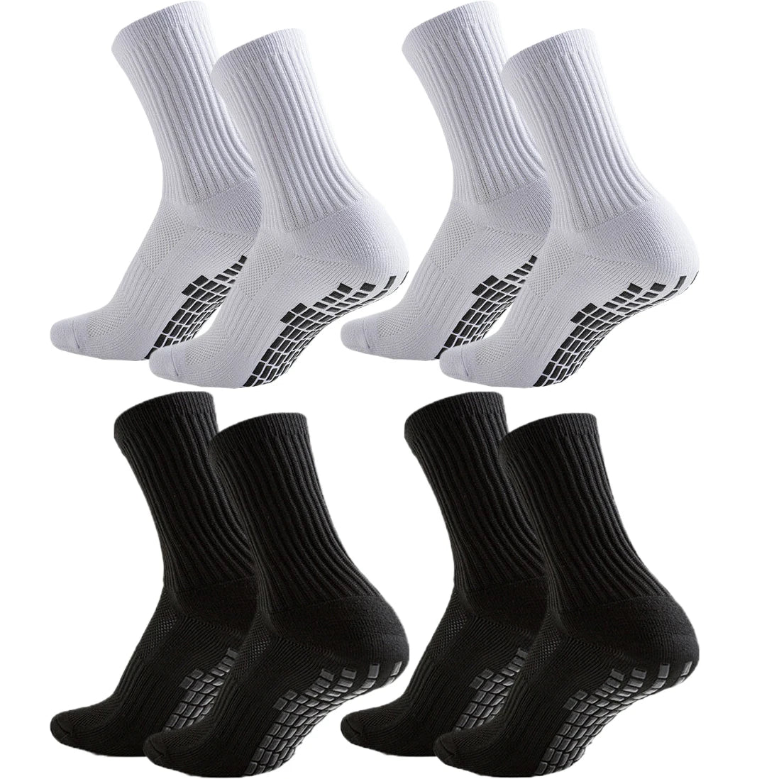A set of white and black athletic grip socks shown from the side.