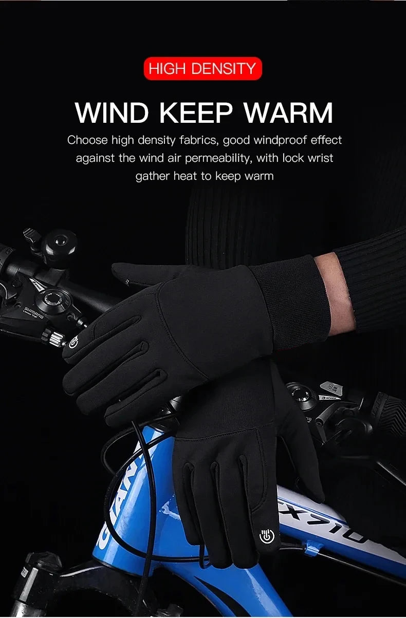 Black men's outdoor cycling gloves being worn on a bicycle handlebar.
