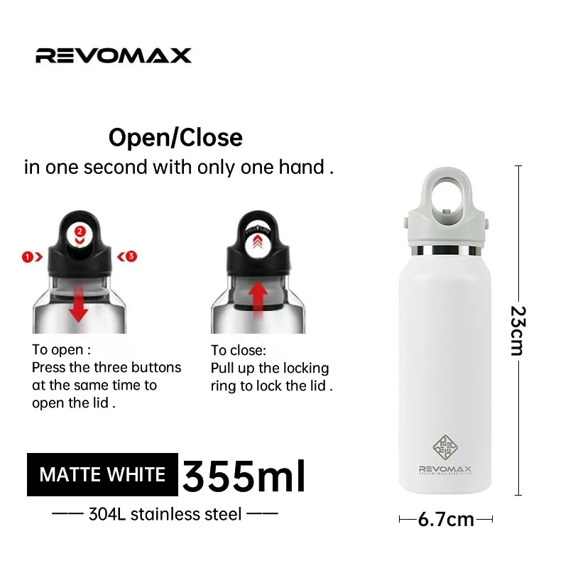 Matte white 355ml Revomax thermos with stainless steel lid and body
