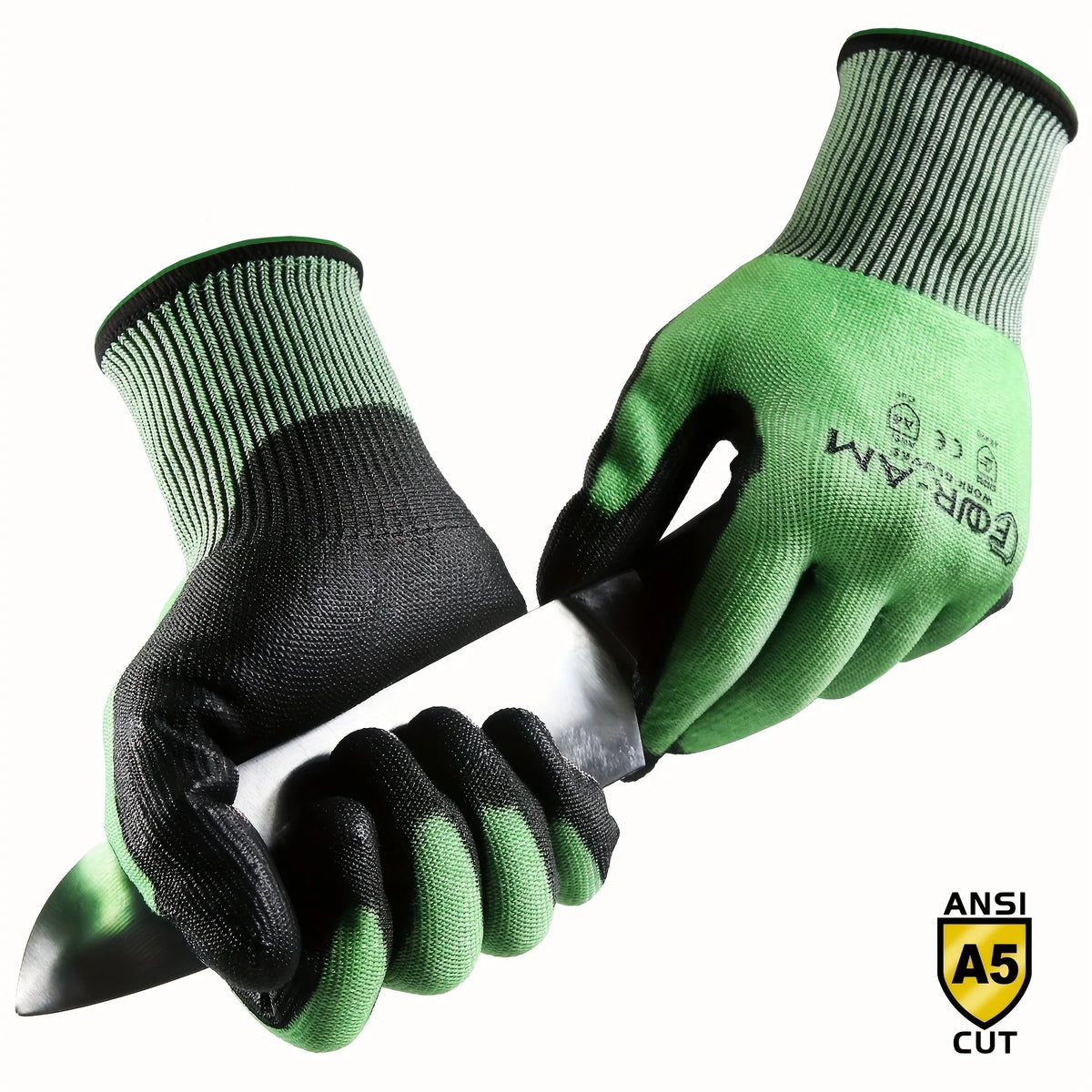 A pair of green and black durable cut-resistant work gloves shown in a close-up view.