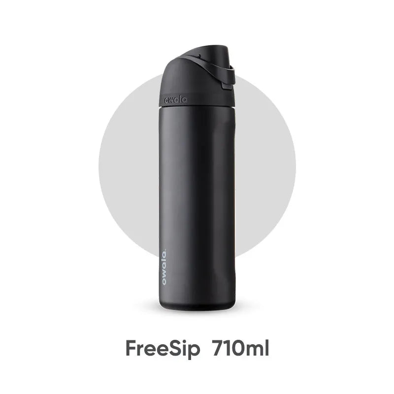 A black FreeSip 710ml insulated stainless steel tumbler with a straw lid.